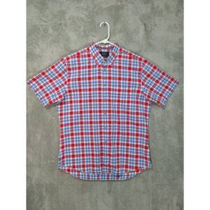 Charles Tyrwhitt Shirt Mens Large Blue Red Plaid Slim Fit Short Sleeve Cotton